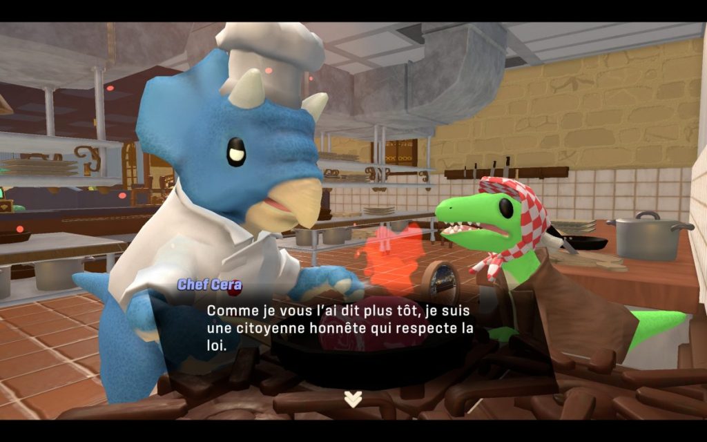Deux dinosaures anthropomorphiques dans une cuisine, l'un portant une toque de chef et une blouse blanche, l'autre avec un foulard et un manteau, en train de discuter autour d'une marmite.