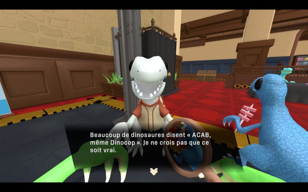 Un dinosaure policier discute avec un autre personnage dans un environnement coloré, en commentant des citations sur l'identité de Dinocop.