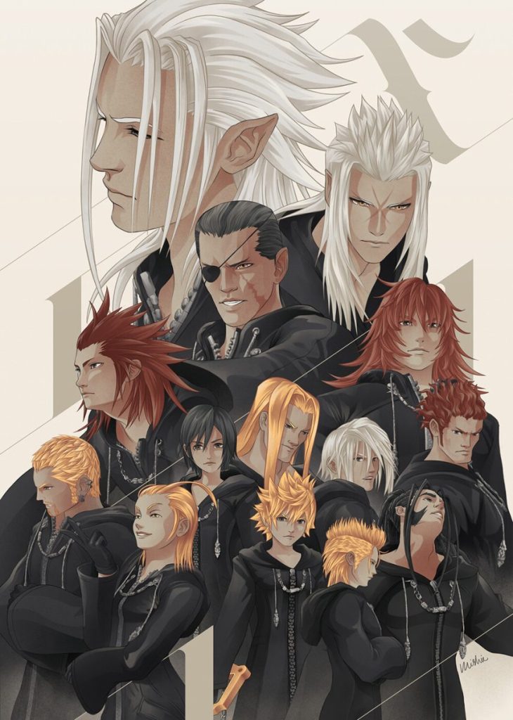 Illustration de plusieurs membres de l'Organisation XIII de Kingdom Hearts, chacun portant une cape noire et affichant des expressions variées.