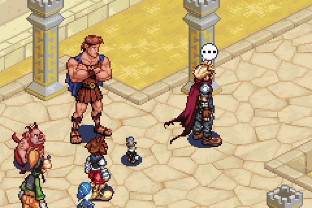 Des personnages de Kingdom Hearts: Chain of Memories interagissent dans un environnement inspiré d'Hercule.