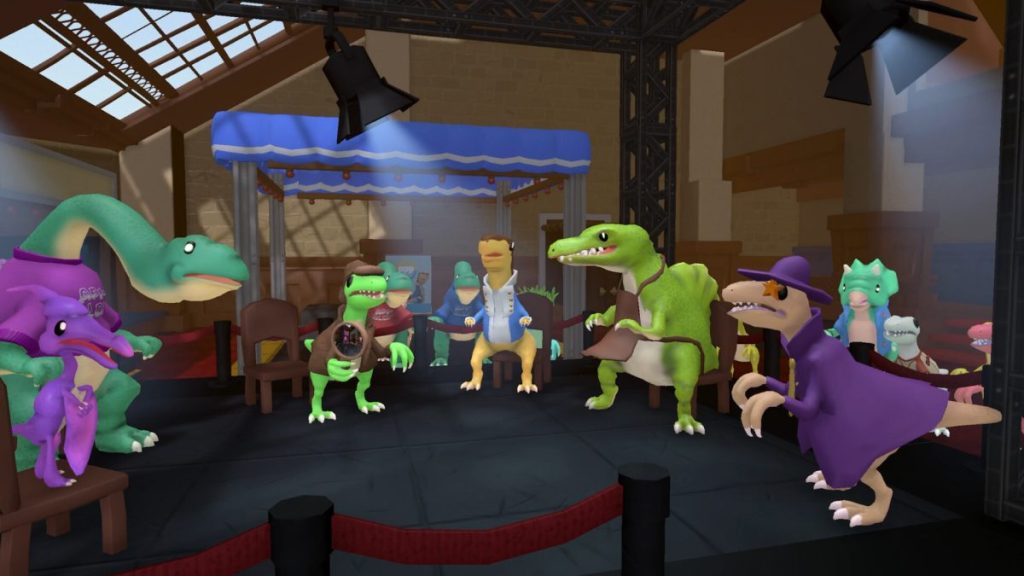 Scène de jeu dans Dinocop avec plusieurs dinosaures anthropomorphes réunis sur un plateau, discutant dans un environnement stylisé et coloré.
