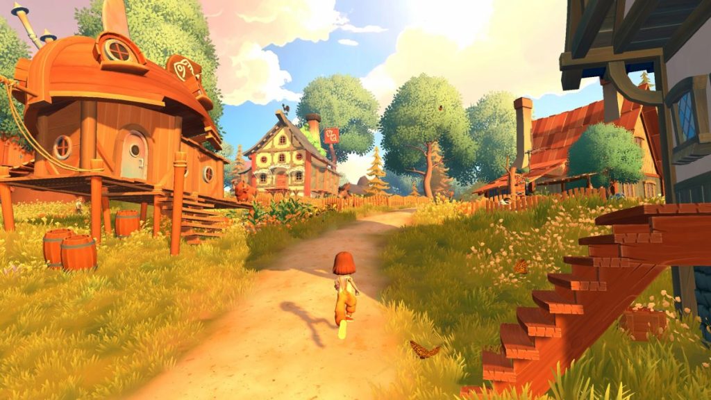 Un personnage se promène sur un chemin dans un village coloré avec des maisons en bois et une nature luxuriante, baigné par une lumière dorée sous un ciel bleu. Everdream Village