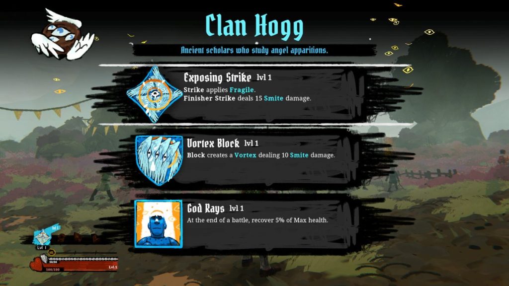Capture d'écran du jeu Tears of Metal, affichant les informations sur le Clan Hogg et des compétences telles que Exposing Strike, Vortex Block et God Rays.