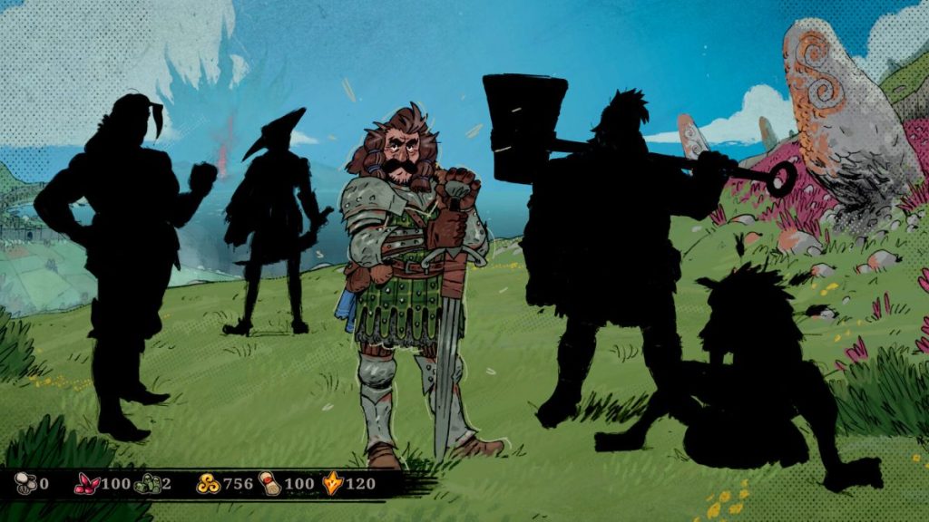 Un héros écossais se tient au premier plan, entouré de silhouettes d'autres personnages sur une île verdoyante, avec un paysage montagneux en arrière-plan.
