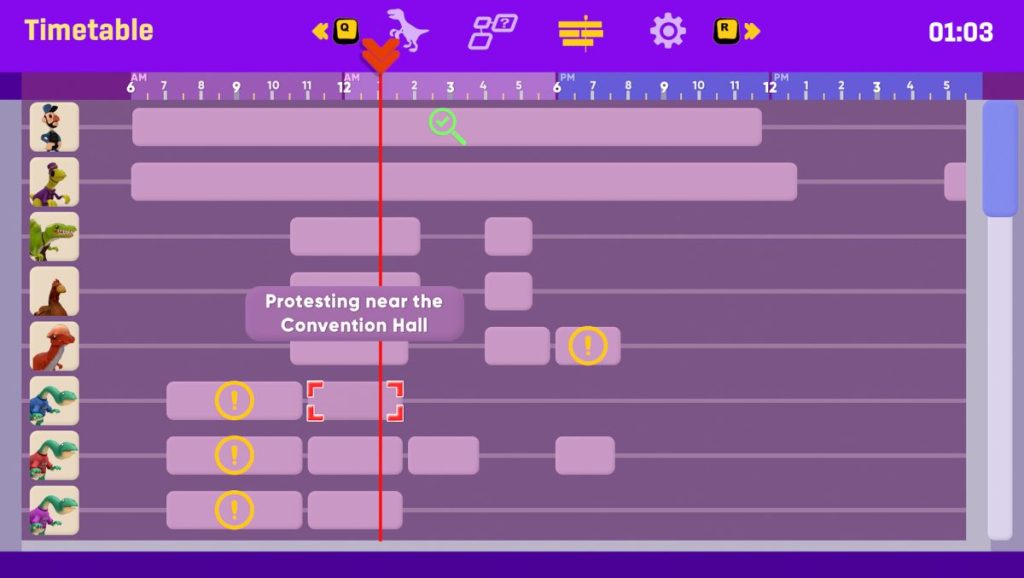Capture d'écran du tableau de temps dans le jeu Dinocop, montrant des activités programmées pour divers personnages, avec une indication de manifestation près du hall d'exposition.