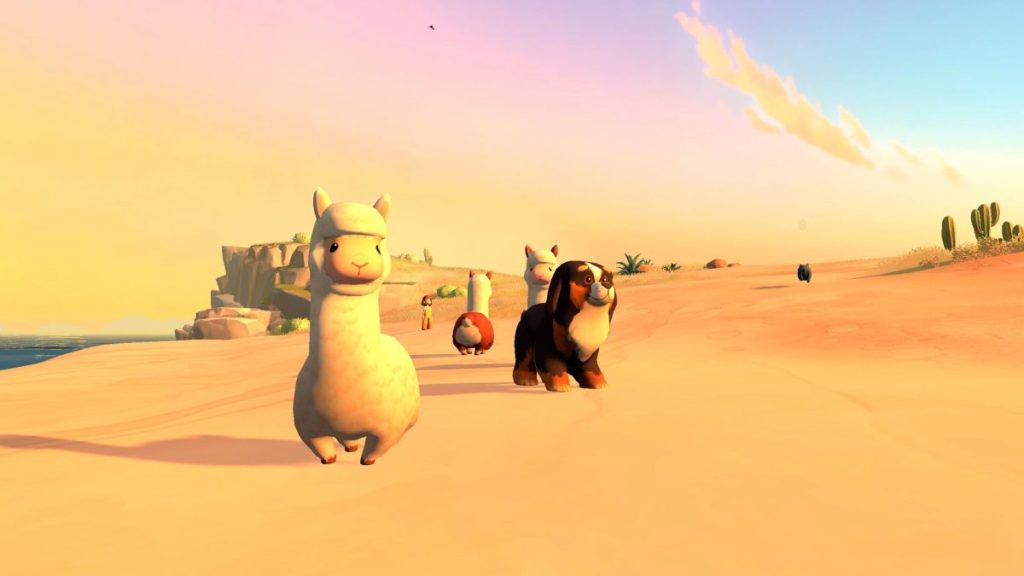 Un groupe d'animaux, dont un lama et un chien, se promène sur une plage avec un paysage désertique et un ciel en dégradé de couleurs chaudes. Everdream Village