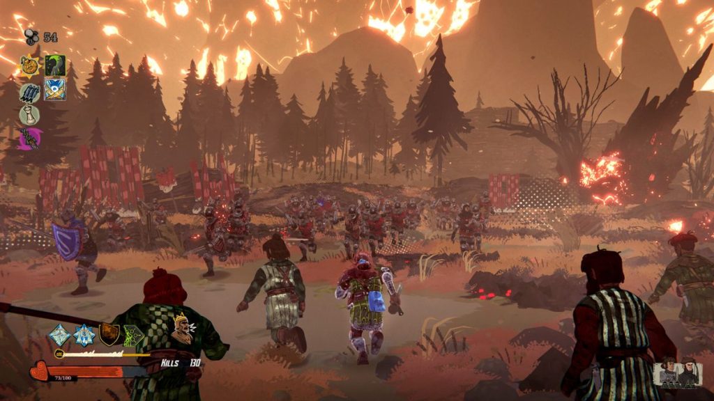 Un groupe de guerriers écossais s'avance vers des ennemis dans un environnement apocalyptique, avec le ciel enflammé en arrière-plan.