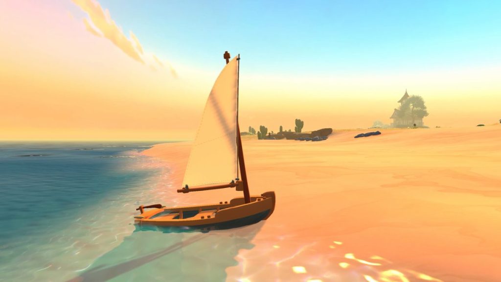 Un bateau à voiles amarré sur une plage dorée au coucher du soleil, avec une maison et des rochers visibles en arrière-plan. Everdream Village