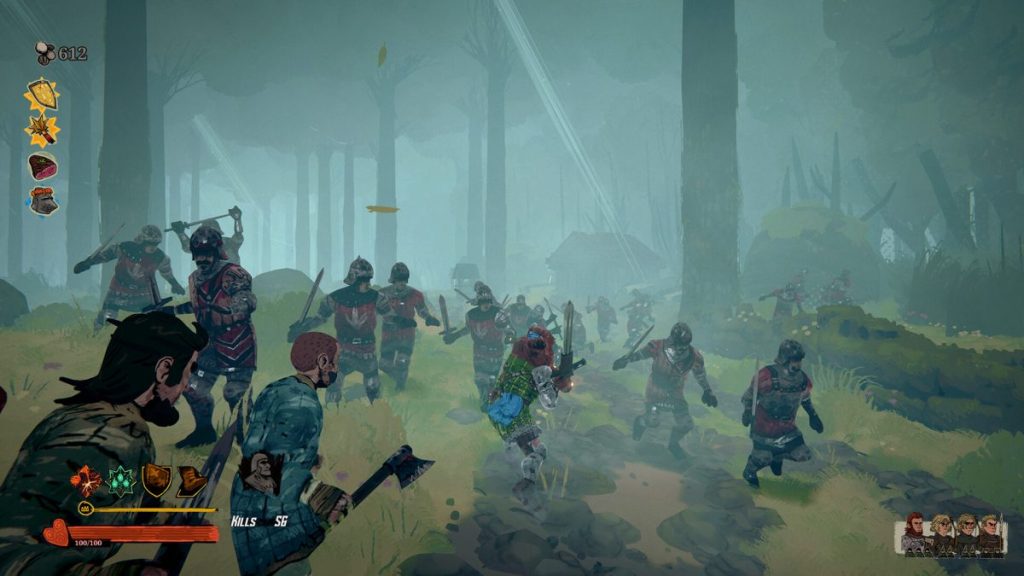 Scène de combat intense dans un environnement forestier, avec des héros écossais affrontant des ennemis en armure dans une ambiance brumeuse.