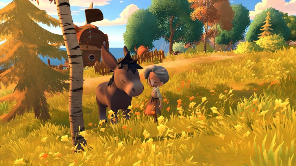 Un personnage âgé interacte affectueusement avec un âne dans un paysage champêtre lumineux, entouré d'arbres et de fleurs colorées. Everdream Village