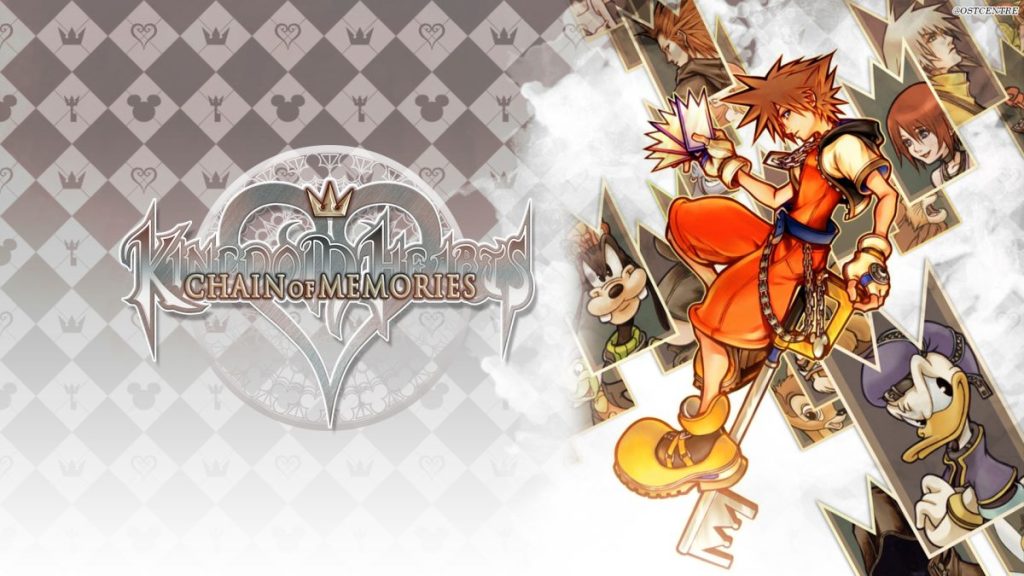 Couverture du jeu Kingdom Hearts: Chain of Memories montrant Sora avec sa clé et des personnages emblématiques de Disney et de Square Enix en arrière-plan.