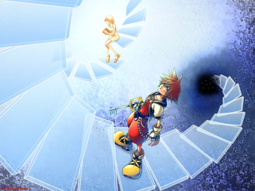 Sora se tient en bas d'un escalier spirale en verre menant à une silhouette lumineuse, représentant une scène symbolique de Kingdom Hearts: Chain of Memories.