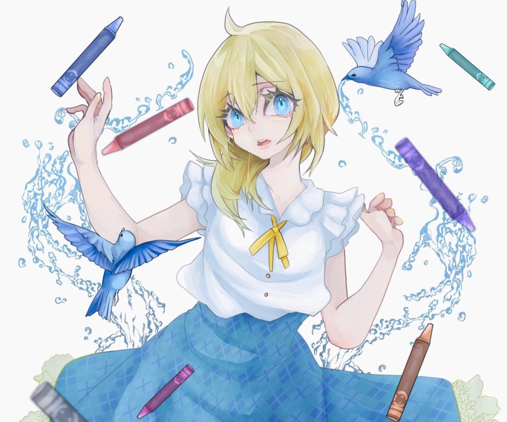 Illustration d'une jeune fille aux cheveux blonds, portant une blouse blanche et une jupe à carreaux bleus, entourée d'oiseaux et de crayons de couleur flottants, avec des éléments aquatiques en arrière-plan.
