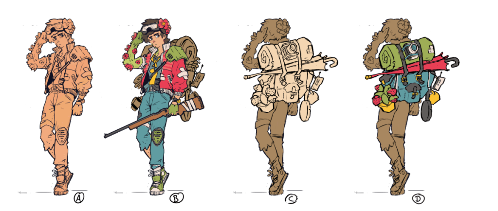 Illustration de quatre versions du personnage principal, Sprout, dans le jeu Verdant, chacune adoptant un style distinctif et portant un équipement de survie varié, soulignant son adaptation à un monde post-apocalyptique.