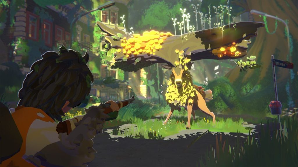 Un jeune adulte prenant la pose avec une arme, observant une créature forestière ornée de fleurs et de végétation, dans un environnement post-apocalyptique vibrant.