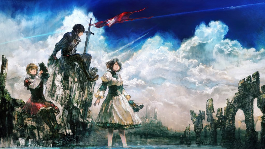 Trois personnages debout sur des rochers, devant un paysage dramatique avec des nuages et des ruines anciennes. Le premier personnage, à gauche, porte un habit noir et rouge. Le deuxième, au centre, est en posture dynamique avec une épée plantée dans la roche. La troisième porte une robe blanche et tient un objet. Un drapeau rouge flotte dans le ciel.