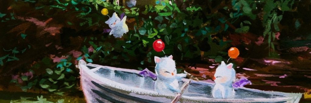 Illustration d'une scène aquatique avec des personnages mignons dans un petit bateau, entourés de verdure et de ballons colorés.