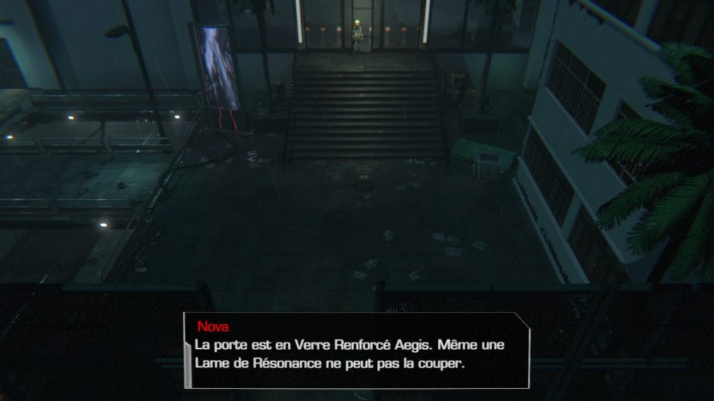 Vue d'une porte en verre renforcé Aegis avec des débris sur le sol et un palmier en arrière-plan, avec un dialogue affiché à l'écran.