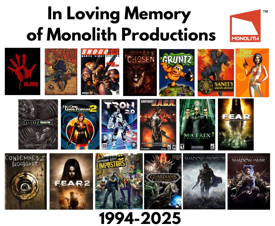 Hommage à Monolith Productions avec des couvertures de jeux vidéo emblématiques de 1994 à 2025.