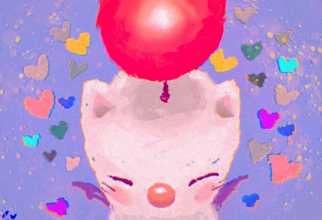 Un personnage d'un jeu vidéo mignon, semblable à un mogwai, tenant un ballon rouge, entouré de cœurs colorés sur un fond violet.