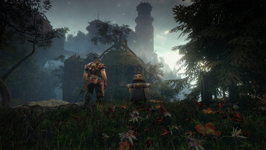 Deux personnages se tiennent au bord d'un champ de fleurs, regardant une ruine mystérieuse entourée d'arbres et de brume.