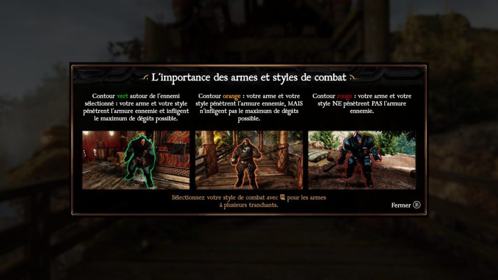 Écran expliquant l'importance des armes et styles de combat, avec des bordures colorées indiquant l'efficacité contre une armure ennemie.
