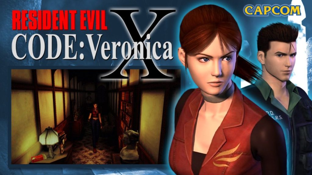 Image de couverture du jeu vidéo Resident Evil Code: Veronica, présentant les personnages principaux dans un environnement sombre et mystérieux.