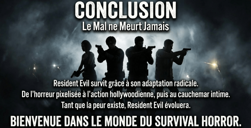 Affiche de conclusion de Resident Evil avec le texte et des silhouettes de personnages armés dans une ambiance sombre.
