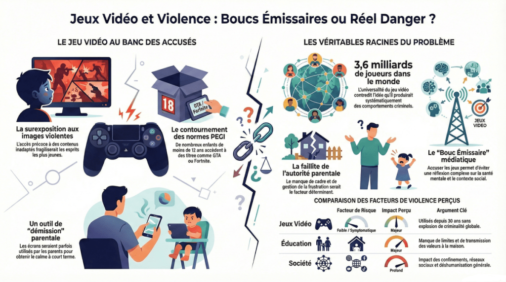 Infographie sur la relation entre jeux vidéo et violence, abordant les accusations faites aux jeux vidéo, les véritables causes des problèmes de violence et comparant les facteurs de risque.