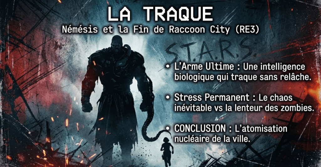 Une affiche sur le thème de Resident Evil 3, présentant le personnage de Némésis et des points clés sur la traque à Raccoon City. Le texte mentionne une arme biologique, le chaos face aux zombies, et une conclusion sur l'atomisation de la ville.