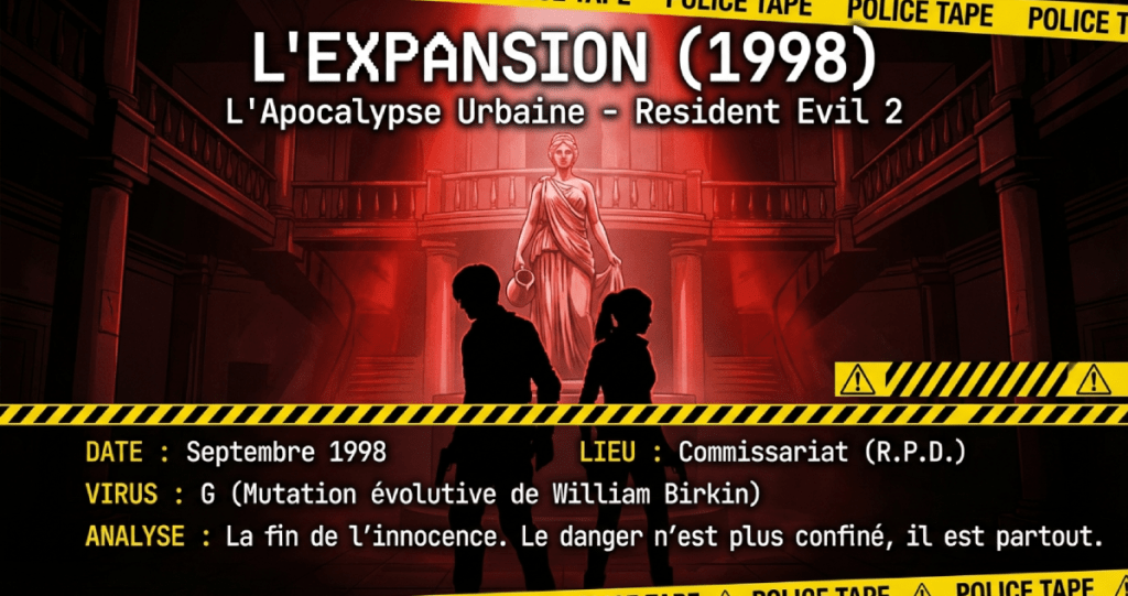 Affiche de jeu vidéo présentant l'expansion 'L'Apocalypse Urbaine - Resident Evil 2', avec un fond sombre, une statue au centre et des silhouettes de personnages en ombre, ainsi que des informations sur la date, le virus et l'analyse du scénario.