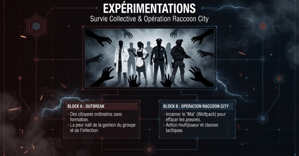 Image affichant des silhouettes de personnages dans un contexte d'expérimentations à Raccoon City, avec des descriptions de deux blocs d'expériences : 'Outbreak' et 'Opération Raccoon City'.