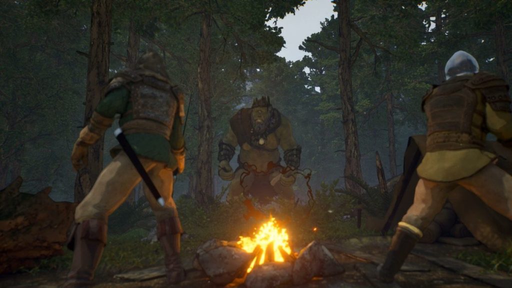 Deux personnages en armure font face à un énorme monstre au milieu d'une forêt, avec un feu de camp éclairant la scène.