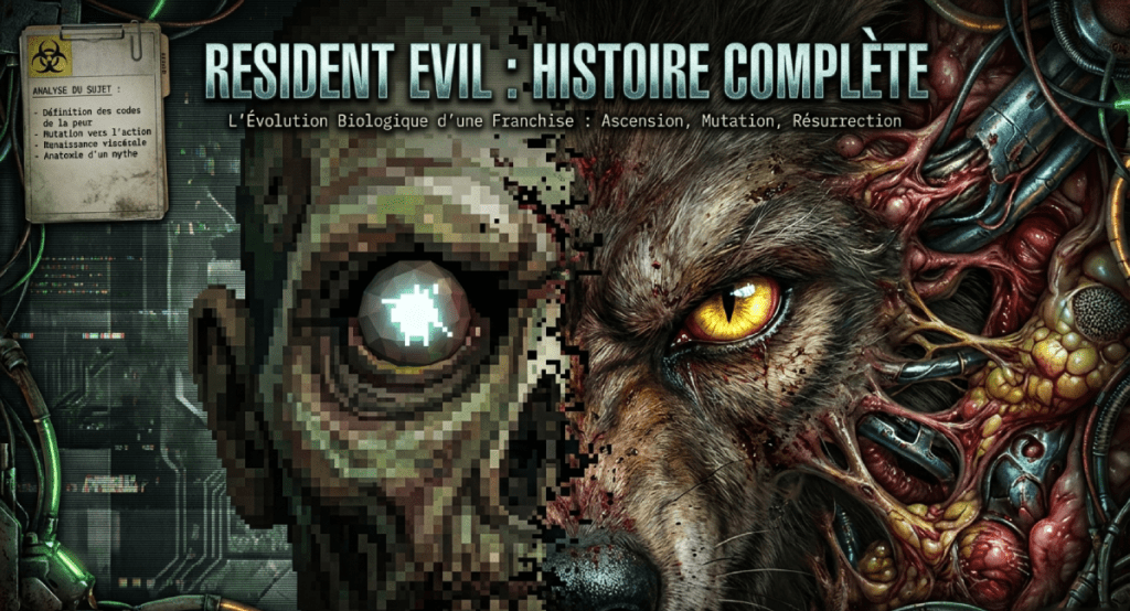 Couverture du livre sur Resident Evil, présentant un visage humanoïde aux éléments cybernétiques et une moitié de tête de loup, symbolisant l'évolution et la mutation dans la franchise.