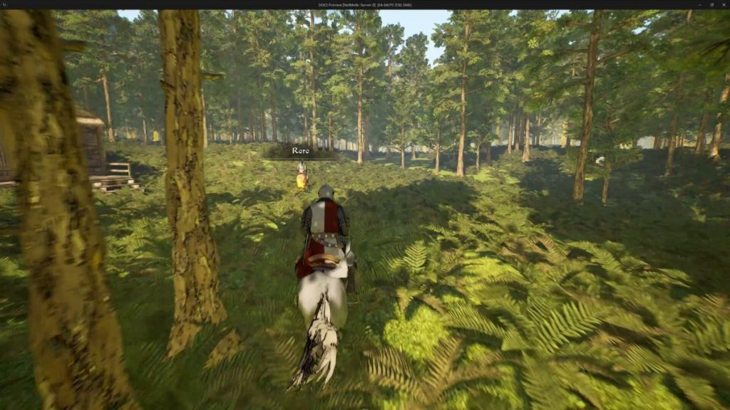 Un chevalier monté sur un cheval avance à travers une forêt verdoyante, avec un autre personnage visible au loin, nommé Roro.