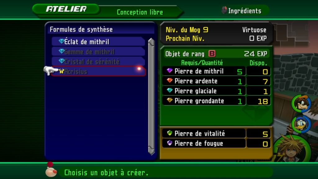 Écran du jeu montrant la section d'atelier pour la conception d'objets dans un jeu vidéo, avec des formules de synthèse incluant des matériaux comme des pierres et des cristaux.