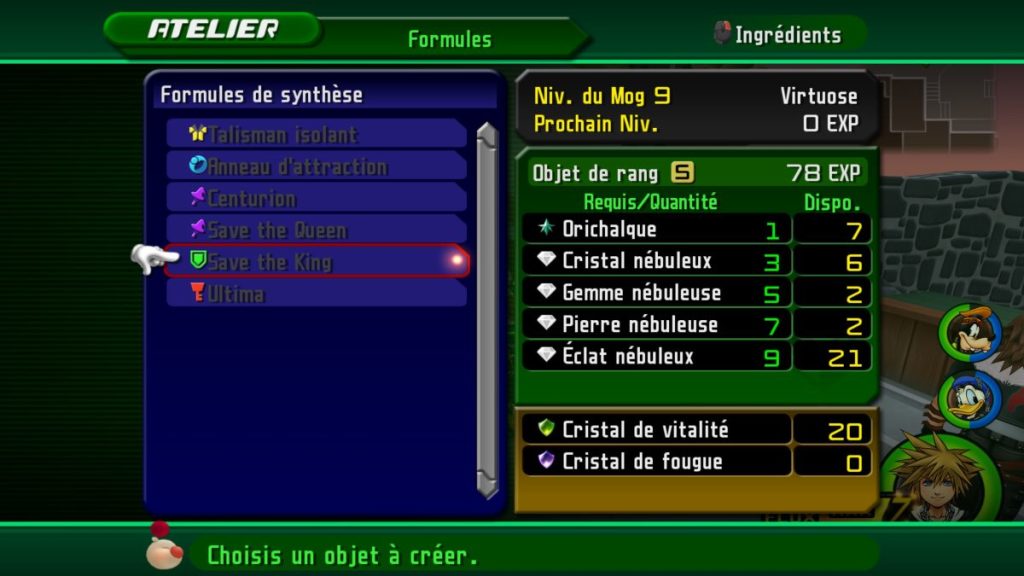 Interface d'atelier montrant des formules de synthèse dans un jeu vidéo, avec une sélection de l'objet 'Save the King' et les matériaux requis.