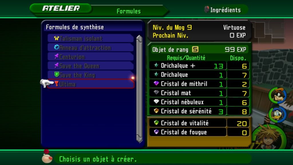 Interface de création d'objets dans un jeu vidéo, affichant des formules de synthèse, les ingrédients requis et leur quantité disponible.