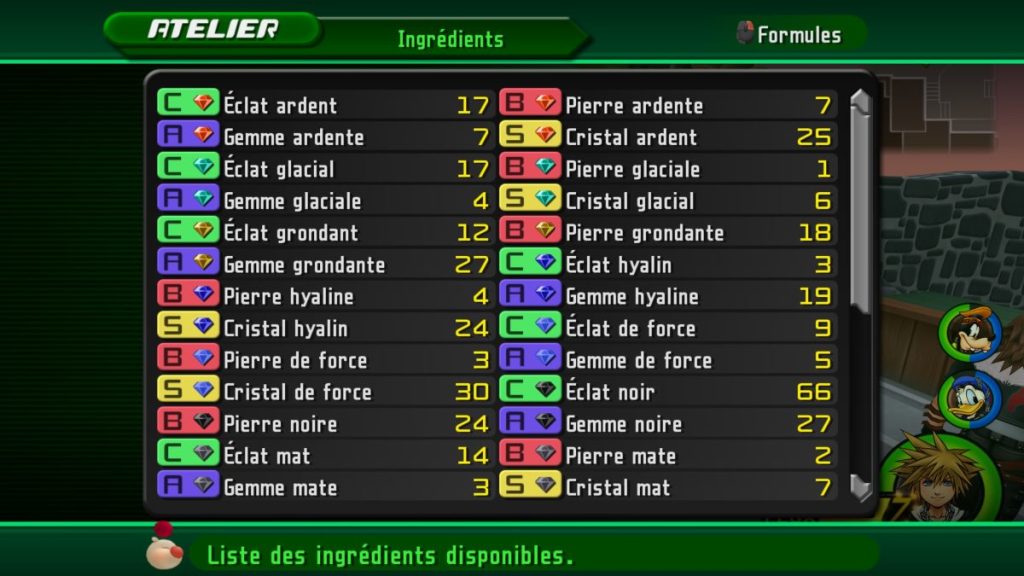 Liste des ingrédients disponibles dans l'atelier, avec des éléments comme Éclat ardent, Gemme ardenne, Éclat glacial, et autres, accompagnés de leur quantité.