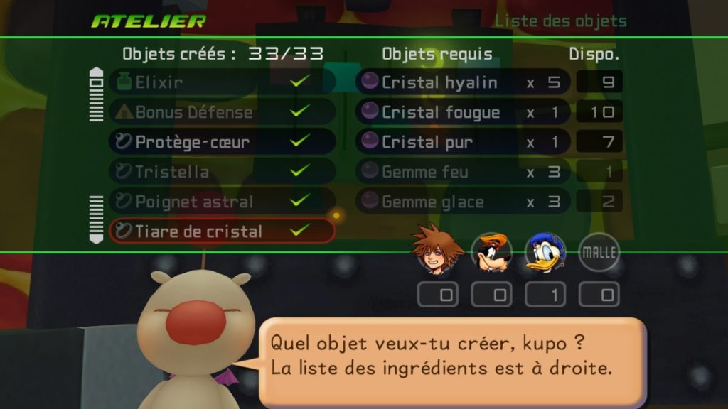 Interface de création d'objets dans un jeu vidéo avec une liste d'objets créés et requis.