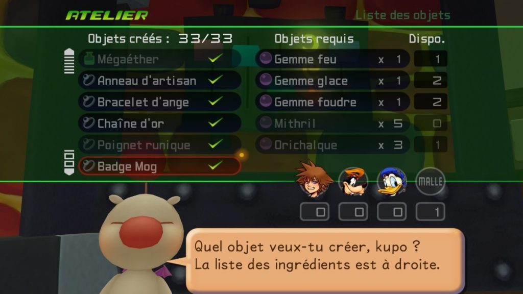 Écran de création d'objets dans un jeu vidéo, affichant la liste des objets créés et requis, avec un Moogle demandant quel objet créer.