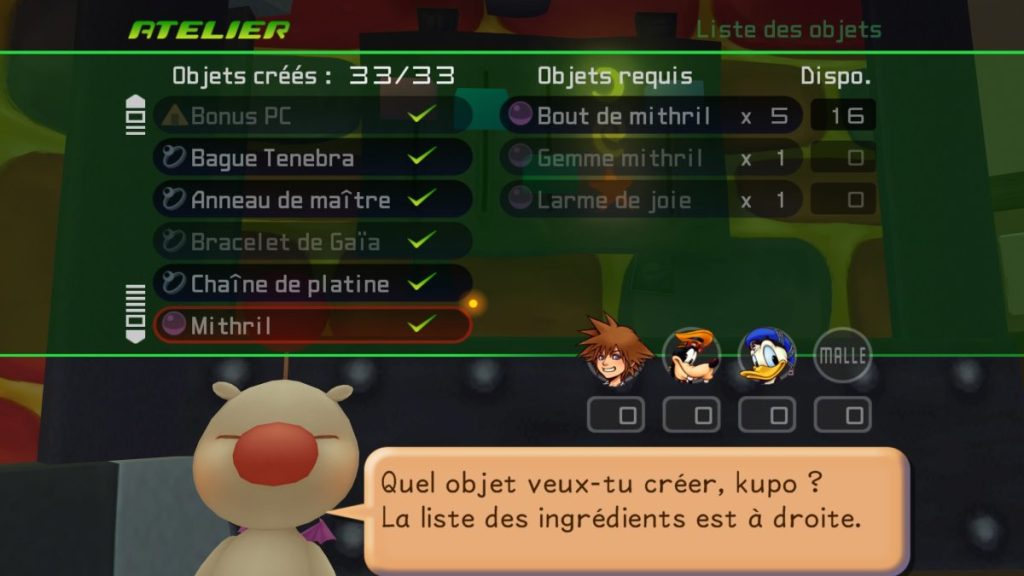Écran d'atelier dans un jeu vidéo montrant des objets créés et les matériaux requis pour créer de nouveaux objets, avec un personnage Moogle en bas.