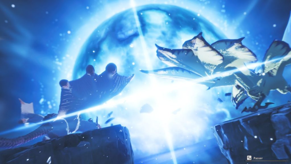 Deux dragons majestueux se font face dans une scène épique illuminée par une lumière bleue intense, avec une grande sphère lumineuse en arrière-plan.