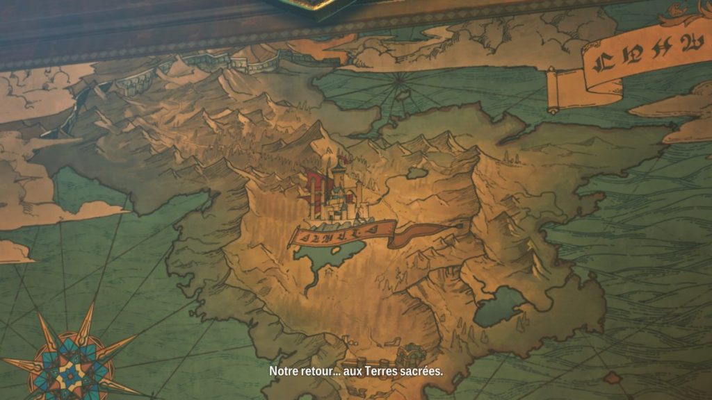 Carte illustrée d'une région fantastique avec des montagnes et des lacs, incluant une ville représentée par des bâtiments et une bannière avec le texte 'Notre retour... aux Terres sacrées'.
