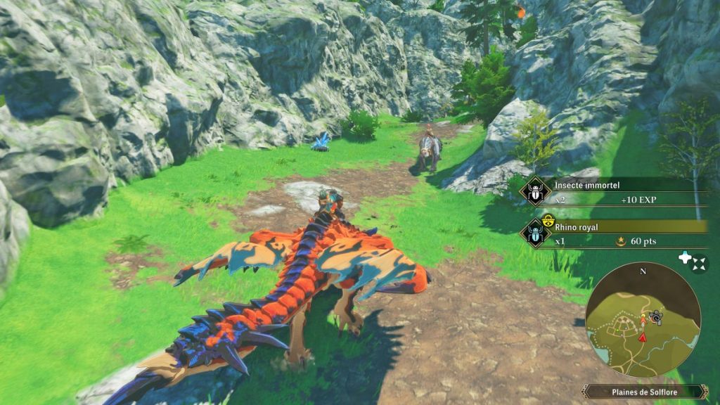 Un personnage chevauche un dragon coloré dans un paysage verdoyant, avec des montagnes en arrière-plan et des éléments d'interface de jeu affichant des objets et des points d'expérience.