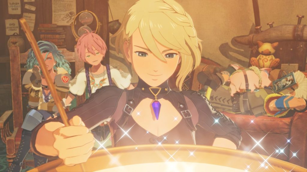 Une jeune femme blonde souriante remuant une casserole, entourée d'amis aux expressions variées, avec une ambiance chaleureuse et étincelante.