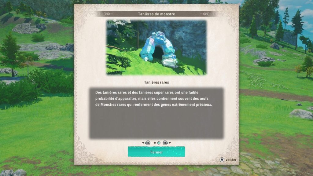 Capture d'écran d'un menu de jeu vidéo montrant une tanière de monstre avec une description sur les tanières rares.