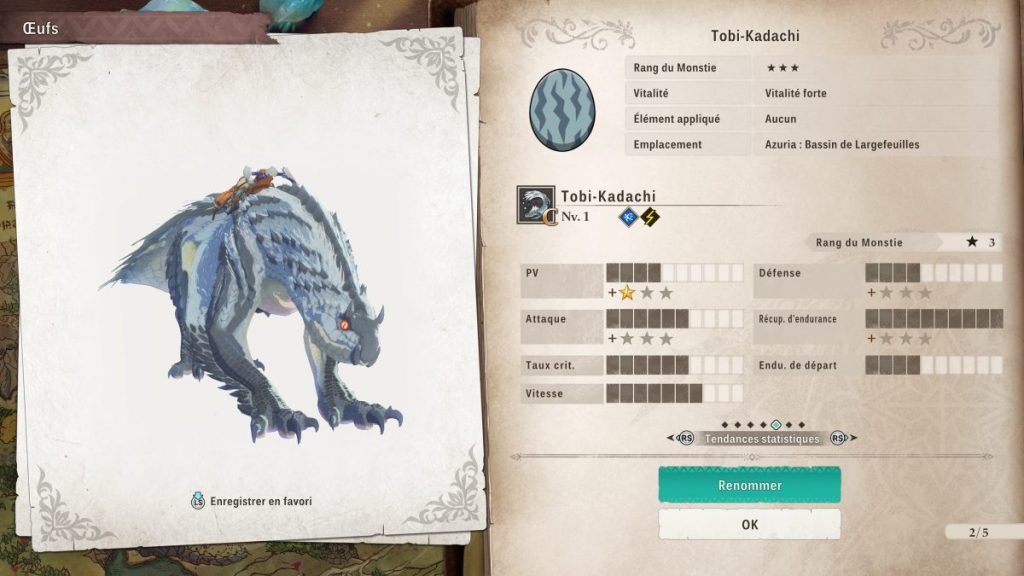 Image du monstre Tobi-Kadachi dans un jeu vidéo, montrant ses caractéristiques et statistiques, avec une illustration de la créature et son œuf.