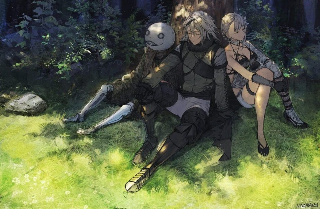 Trois personnages assis sur l'herbe dans une forêt, entourés de verdure. Ils semblent contempler le paysage. Le personnage à gauche a une apparence de marionnette, tandis que les deux autres ont une apparence humanoïde.