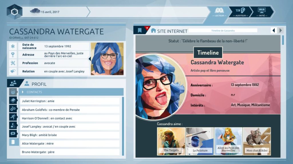 Image représentant le profil d'une personne nommée Cassandra Watergate, avec des informations sur sa date de naissance, profession d'avocate, et relations personnelles.